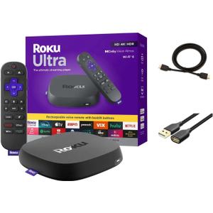 Roku Ultra Ultimate Streaming Player, 4K Streaming Device for TV, Dolby Vision & Atmos, HDR10+, Rechargeable Voice Remote Pro, Bluetooth & Wi-Fi 6, Backlit Buttons, with USB Extension Cord and HDMI