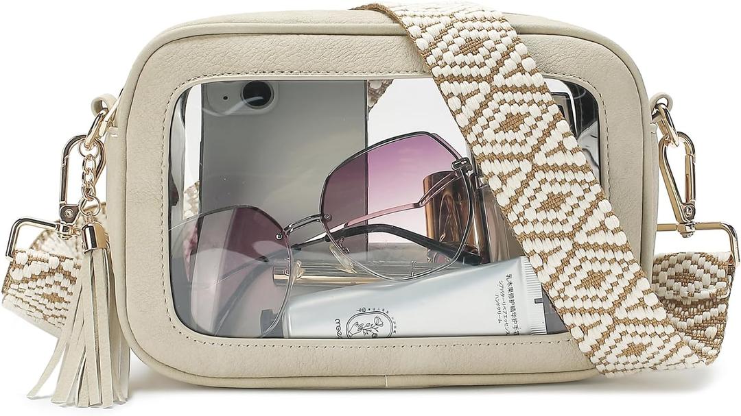 LOXOMU Clear Crossbody Bag Stadium Approved - Waterproof Clear Purses for Women Stadium Bag with Adjustable Guitar Strap (Beige)