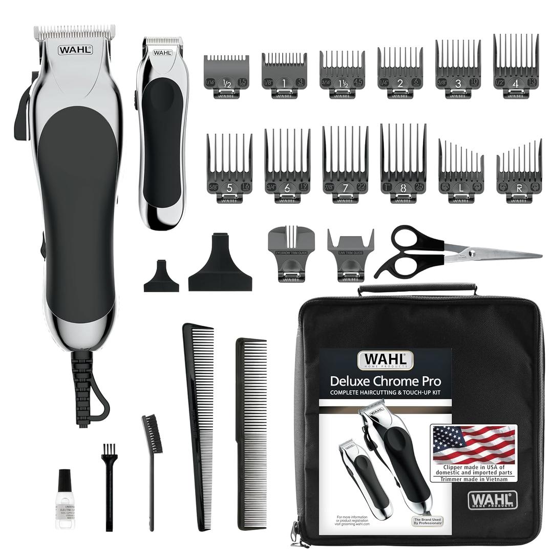 Wahl Clipper USA Deluxe Corded Chrome Pro, Complete Hair and Trimming Kit, Includes Corded Clipper, Cordless Battery Trimmer, and Styling Shears, for a Cut Every Time - Model 3029682 (25 Piece Set)