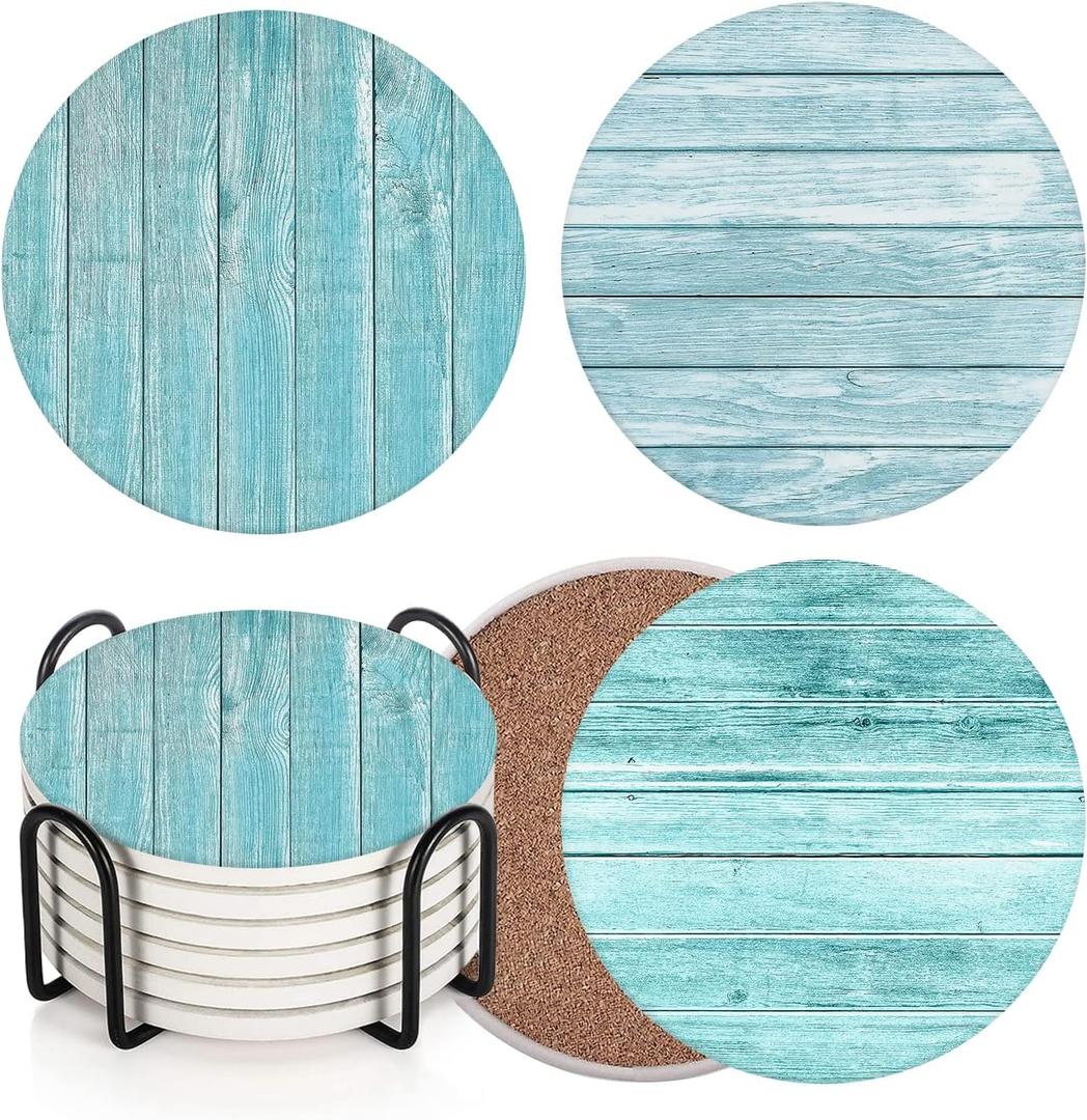 Britimes Coaster for Drinks Set of 6, Wooden Planks Blue Wood Paint Table Absorbent Round Ceramic Stone Mat, with Cork Base and Metal Holder, Gift for Housewarming Room Bar Decor