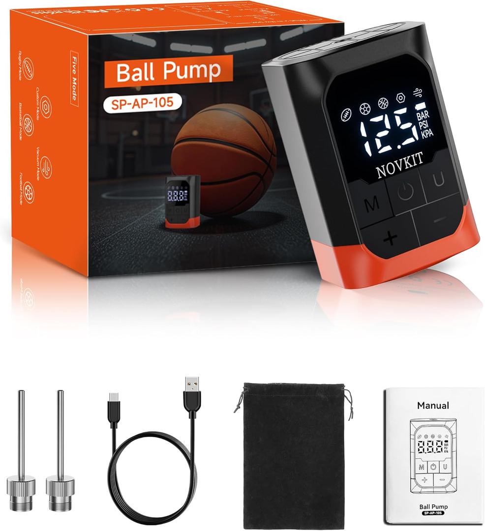 Portable Electric Ball Pump Inflator and Deflator with Foldable Needle, Rechargeable Battery Powered Sports Ball Air Pump with Pressure Gauge for Basketball, Soccer, Football