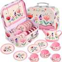 Floral Tea Party Set for Little Girls Ages 3-6, 15-Piece Pretend Play Kitchen Toys with Teapot, Cups, Plates & Storage Case, Princess Gift Set (Pink)