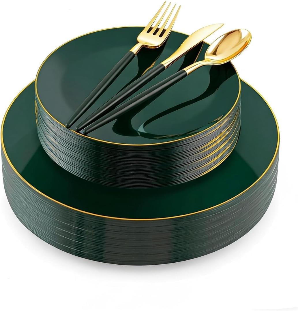 Liacere 150PCS Green Plastic Plates - Gold Plastic Silverware with Green Handle - Heavy Duty Fancy Plastic Plates Disposable Include 30 Guests Plates, Forks, Spoons, Knives for St. Patrick's Day