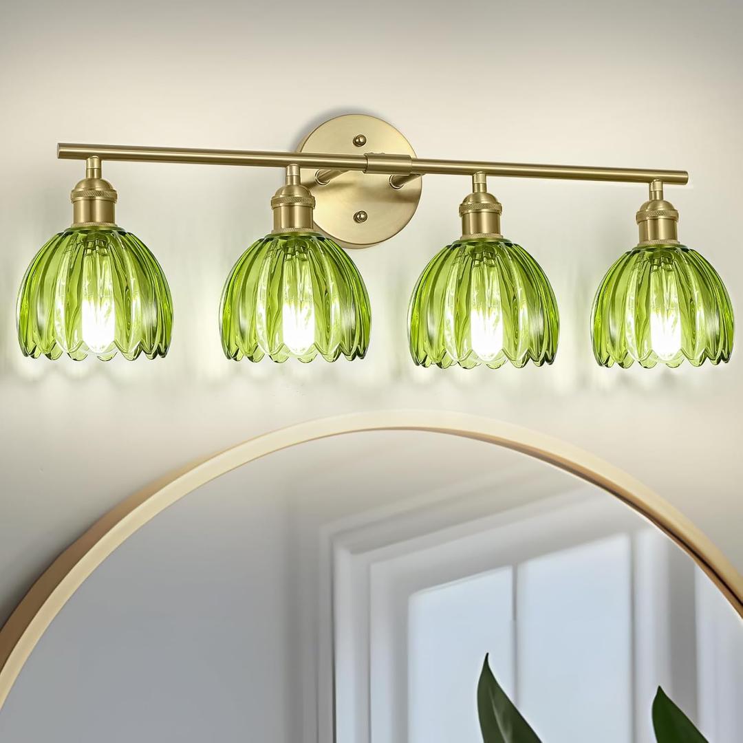 Vintage Bathroom Light Fixtures,4-Light Hardwired Vanity Lights with Green Tulip Glass Shade,Gold Bathroom Vanity Light for Mirror Restroom,E26 Socket,25.2 in(Bulbs Not Included)
