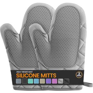 Silicone Oven Mitts, Heat Resistant 2PCS Oven Mitts with Soft Cotton Lining, Waterproof Non-Slip Grip Oven Glove, Kitchen Potholder Mits for BBQ, Baking, Cooking, 10.5Inch - Dark Grey