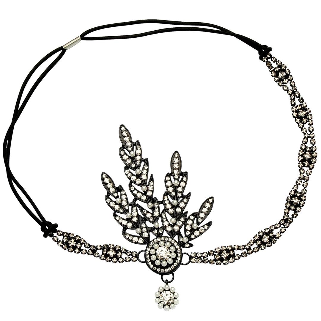 BABEYOND Art Deco 1920's Flapper Great Gatsby Inspired Leaf Medallion Pearl Headpiece Headband Black