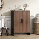 Bathroom Storage Cabinet, Floor Cabinet with 2 Fluted Doors and 2 Adjustable Shelves Wooden Freestanding Organizers and Storage, Black