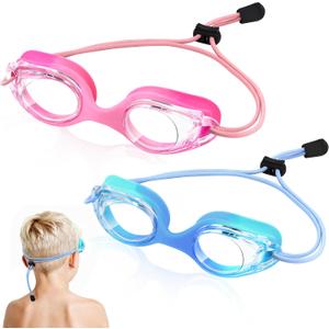 Vvinca Kids Swim Goggles with Bungee Strap No Leaking Anti Fog Toddler Goggles with Quick Adjust Ages 3-14 (01- Pink & Blue Gradient)