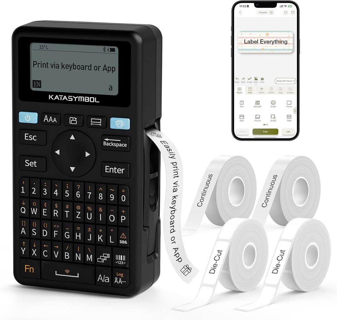 SUPVAN E11 Bluetooth Label Maker Machine with 4 Tapes, Support Keyboard & App with 30+ Fonts and 660+ Icons, Rechargeable Inkless Labeler for Home, Kitchen, Office, School, Organization, Black