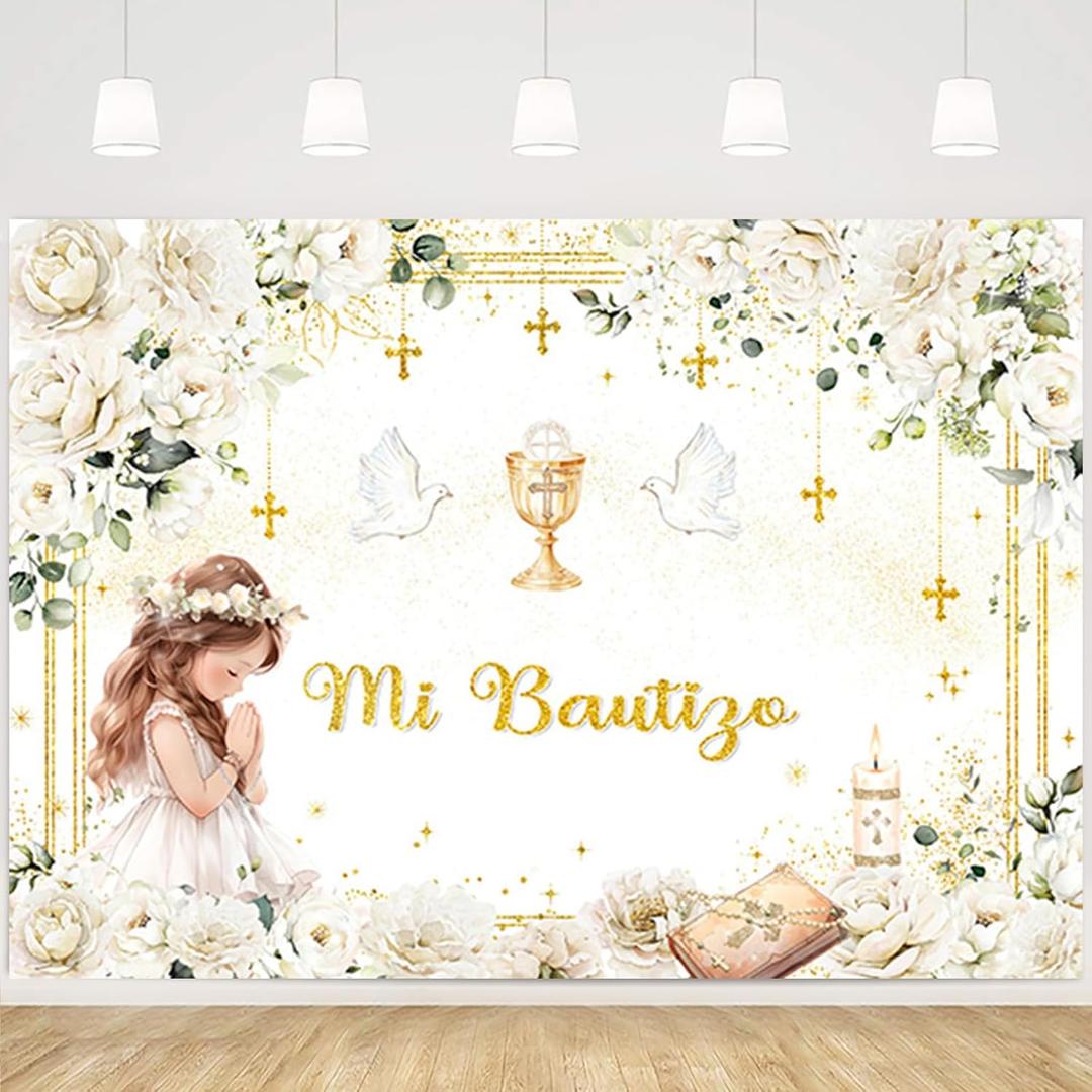 MEHOFOND 7x5ft Floral Mi Bautizo Baptism Backdrop for Girl God Bless Christening Banner First Holy Communion Party Photography Background Banner Sign Photo Booth Props