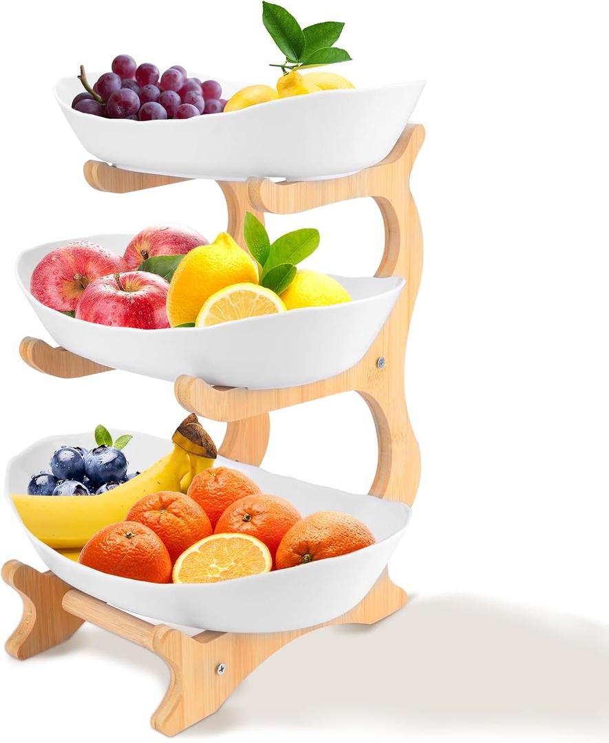 RETON 3 Tier Fruit Bowl for Kitchen Countertop, Plastic Fruit Basket Rack with Bamboo Wood Stand for Tiered Vegetable Storage Tray, Salad Cake Snack Dessert Party (White)