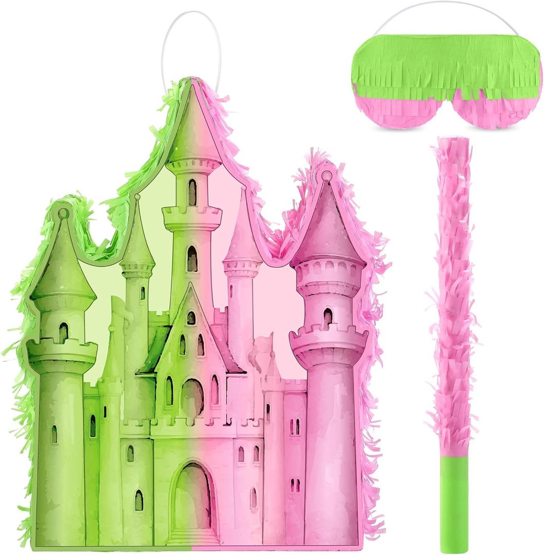 Witch Castle Pinata with Blindfold Stick Fillable for Candy and Treats Pink and Green Witch and Princess Pinata Hanging Birthday Party Decorations Wicked Party Supplies