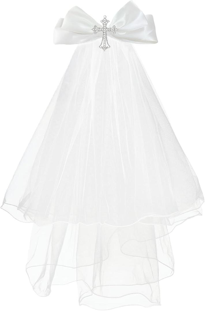 First Communion Veil crystal Cross and Bow Veil for First Communion Dress Up Chapel Baptism