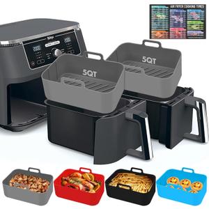 Silicone Air Fryer Liners 10QT, Reusable Airfryer Basket Liners Rectangular for Ninja DZ550/DZ401, 2Pcs 5QT Large Air Fryer Accessories,Replacement Basket Insert with Magnetic Cheat Sheet (2 Pcs Grey) (8.46 x 5.9 inch (10 QT))