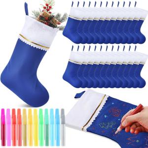 Shinymoon 24 Pcs Felt Christmas Stockings Bulk and 24 Pcs 12 Colors Glitter Pens for DIY 19 Inch Party Favors DIY Stockings Christmas Hanging Ornaments White Cuff with Gold Trim(Blue, 19 Inch)