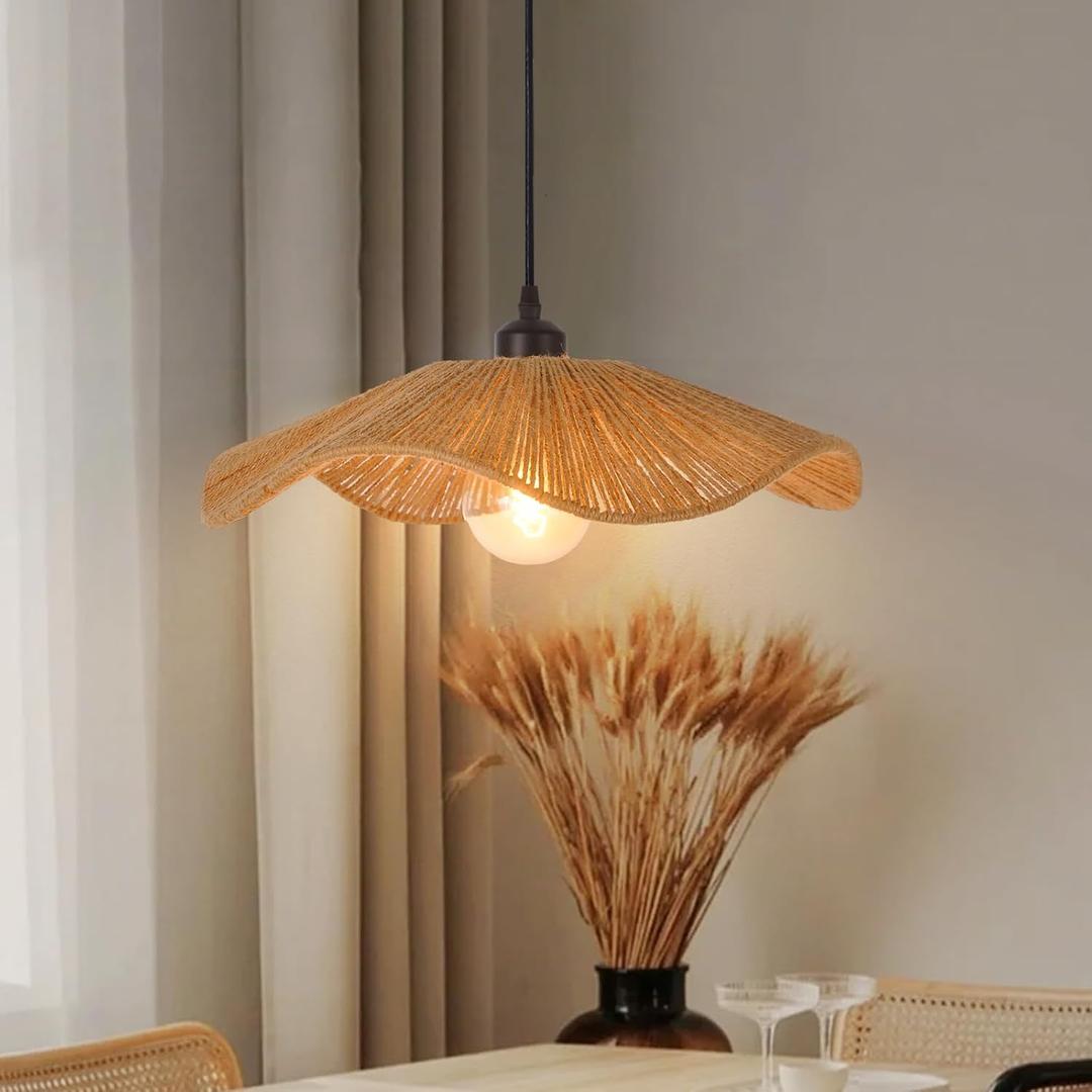 Arturesthome Small Boho Woven Twine Pendant Light Modern Ceiling Hanging Light Handwoven Chandelier for Dining Room Restaurant Bedroom 15.7"