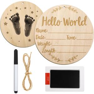 2 x Wooden Baby Announcement Sign, 5.9 Inch Hello World Newborn Birth Sign With Ink Pad Markers for Nursery Name, Birthday, Baby Showers, Photo Props