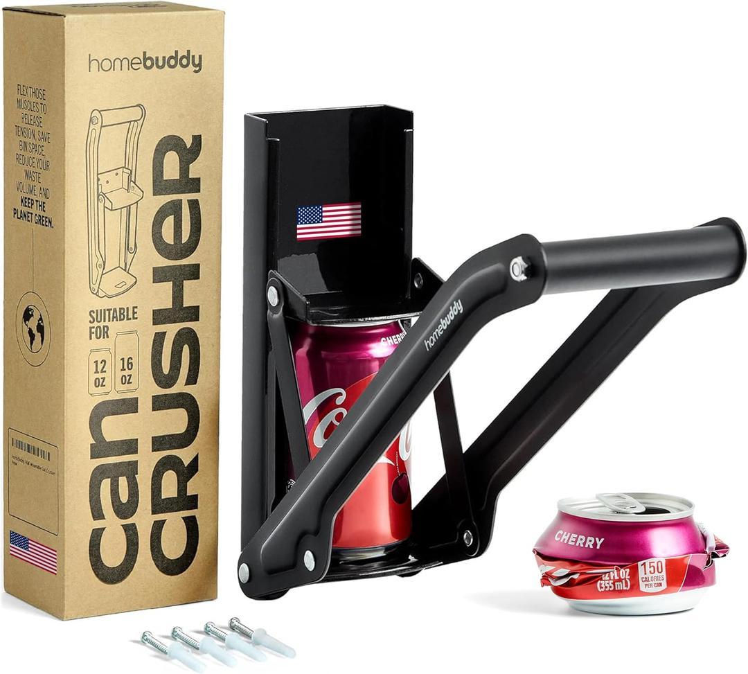 HomeBuddy Can Crusher for Recycling - 12 Oz. and 16 Oz. Can Crusher Wall Mounted for Aluminum - Compact and Easy to Use, Mounting Rivets Included, Man Cave Accessories (Black)