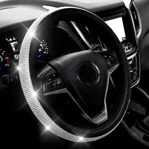New Diamond Leather Steering Wheel Cover with Bling Bling Crystal Rhinestones, Universal Fit 15 Inch Car Wheel Protector for Women Girls Black (Standard Size[14"1/2-15"], Black with White Diamonds)