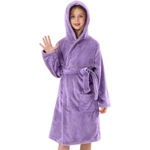 Girls Fleece Robe, Plush Hooded Soft Fuzzy Warm Fluffy Bathrobe for Kids, 110