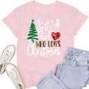 Womens Christmas Shirts Just A Girl Who Loves Christmas T-Shirt Xmas Tree Tee Tops M, Pink