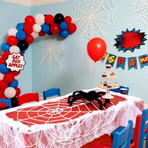 2 x Kinlop 9 Pcs Spider Party Table Decorations, 54 x 108 Inch Disposable Plastic Spider Tablecloth, Spiderweb, 6 Pcs Spiders and Cotton, Holiday Table Centerpieces Decor for Spiders Party Supplies