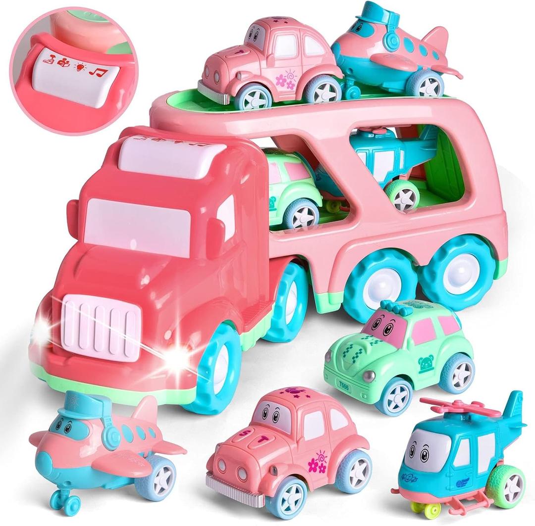 FUN LITTLE TOYS Truck Toys for Kids 2-4, Kids Toys Girls Age 2 3 4 5, Toddler Princess Girl Toys Carrier Truck with Cars and Planes, Toddler Birthday Gifts with Music & Lights for 2 3 4 5 Year Girls