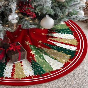 CROWNED BEAUTY Christmas Tree Skirt Collar 48 Inch Xmas Pine Trees Soft Farmhouse Holiday Decoration (Red & Green)