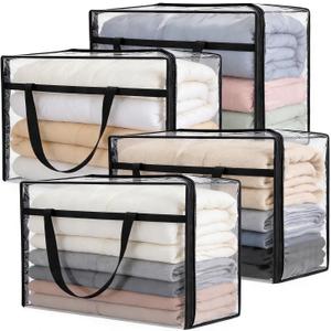 60L Clear Storage Bags Plastic Blanket Storage Bag Foldable Moving Organizers Containers with Zipper for Bedding Blanket Clothes Under Bed Holder - 4 Pcs