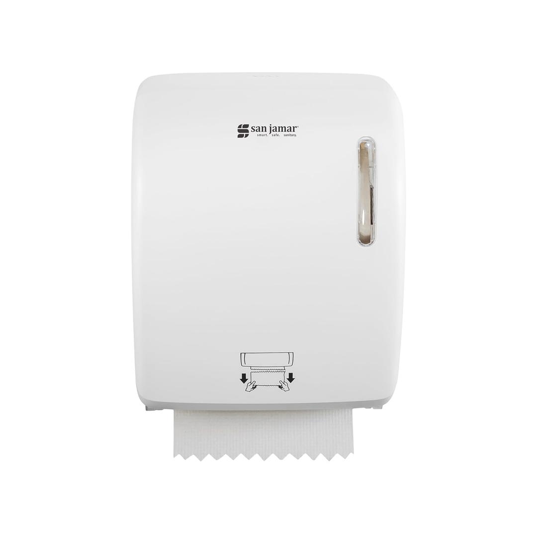 San Jamar Timeless Hands-Free Mechanical Paper Towel Dispenser, White, Commercial Grade, Universal Roll Compatibility, Touchless Operation, for Bathrooms and Kitchens