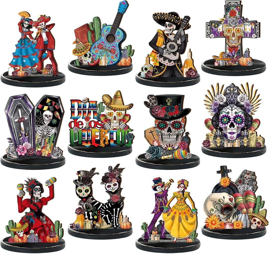 Wesiti 12 Pcs Day of The Dead Table Decorations Wooden Mexican Dia De Los Muertos Altar Centerpiece Halloween Sugar Skull Table Topper Decor Skeleton for Mexican Fiesta Tiered Tray Decor Party Favor
