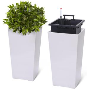 GarveeLife 22.5 in Tall Planters Set of 2, OutdoorIndoor Black Planter Pots, High Front Porch Planter Pots with Drainage HolesWater Level MonitorInner Bucket, Automatic Watering, White