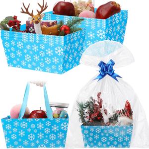 Moinchore 12 Pcs Christmas Basket for Gifts Empty 9.8x6.5'' Blue Snowflake Market Tray Cardboard Basket with Bows, Plastic Bags, Twist Ties, Empty to Fill for Holiday Birthday Xmas Winter Party Favor