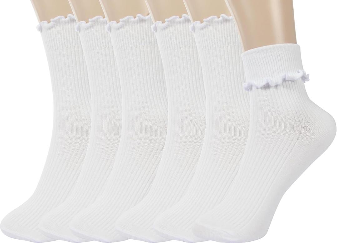 BomKinta Ruffle Socks Women - Turn-Cuff Frilly Sock - Lightweight Cotton Sock - Athletic Crew Socks Gifts (White, 5-10)