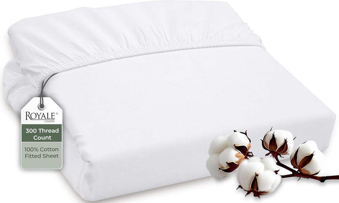 ROYALE LINENS 300 Thread Count 100% Long Staple Combed Cotton Fitted Sheet King - Super Soft Deep Pocket Bottom Sheet - Fitted Sheets Only - Elastic Sheets (King, White)