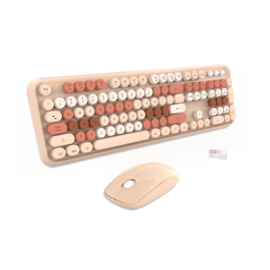Wireless Keyboard and Mouse Combo, Colorful Ergonomic Full Size Retro LowNoise Keyboard with Cute keycaps, Compatible with Windows, PC, Perfer for Home and Office Keyboards (Brown)