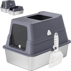 Stainless Steel Litter Box with Lid,XL Enclosed Extra Large Cat Litter Box High Wall, Cover Enclosed Top Entry Litter Boxs,with High Sided Enclosure & Scoop for Small to Big Cats& Kitty