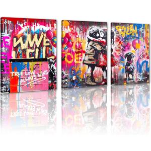 Yeesjoee Banksy Canvas Wall Art Abstract Graffiti Wall Art Colorful Graffiti Street Famous Canvas Painting for Living Room Bedroom, 12x 16x 3Pcs