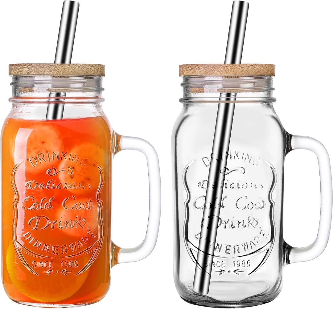 QWEZXO 24 OZ Mason Jar Drinking Glasses with Bamboo Lids and Stainless Steel Straws for Party Beverages,Iced Coffee 2Pack