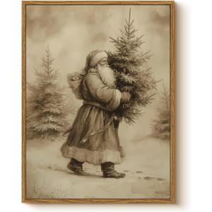 WHASAYART Vintage Santa Claus Carrying Christmas Tree Wall Art, Retro 12x16 Framed Canvas Print, Rustic Sepia Tone Santa with Pine Tree Artwork, Classic Winter Holiday Entryway Bedroom Home Dcor