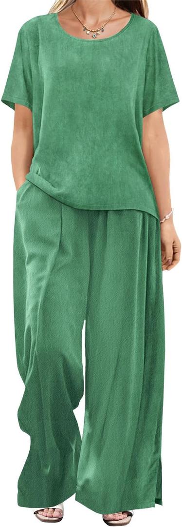 YESNO Women's Casual T-Shirt Summer Short Sleeve Loose Fit Tops Crew Neck Side Slits Tees BEC (Large, Green)