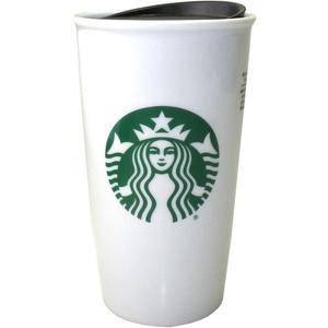 Starbucks Classic White and Green Coffee Traveler Tumbler Double Wall Ceramic Coffee Travel 12 oz