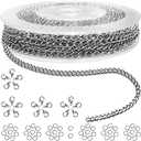 Jishi 33ft Necklace Extender Chain 3mm Silver Stainless Steel Curb Link Chain for Jewelry Making, Bracelet Necklace Extender DIY, Keychain Craft Supplies, Metal Chain Roll w/Lobster Clasps, Jump Rings
