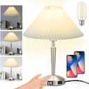 Touch Bedside Table Lamp - Modern Small Lamp for Bedroom Living Room Nightstand, Desk lamp with Fabric Lamp Shade, Warm LED Bulb, 3 Way Dimmable, Simple Design Mother's Day Gifts (Silver)