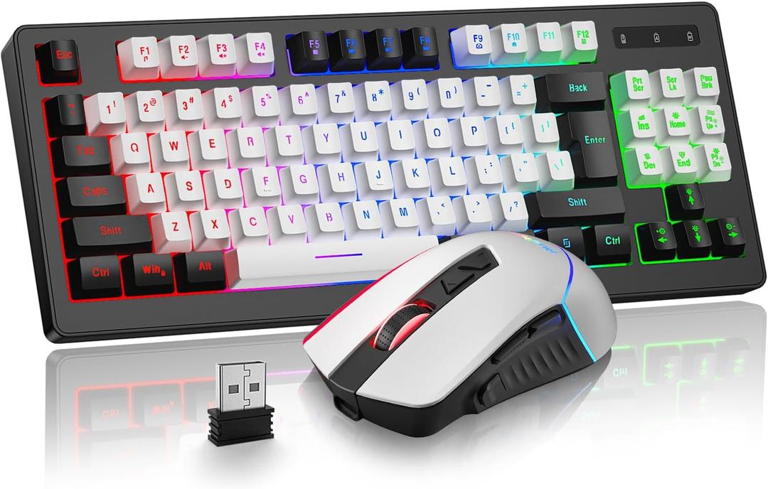 BlueFinger Wireless Gaming Keyboard and Mouse Combo, RGB Rainbow Backlit Rechargeable Battery, 87 Keys TKL Light Up Keyboard with Ergonomic Gaming Mouse for Mac Laptop Computer PC Gamer(Black & White)