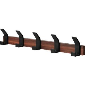 Walnut Wall Mounted Coat Rack, 17.32 Inch Wooden Wall Coat Hanger with 5 Metal Double Hooks, Heavy Duty