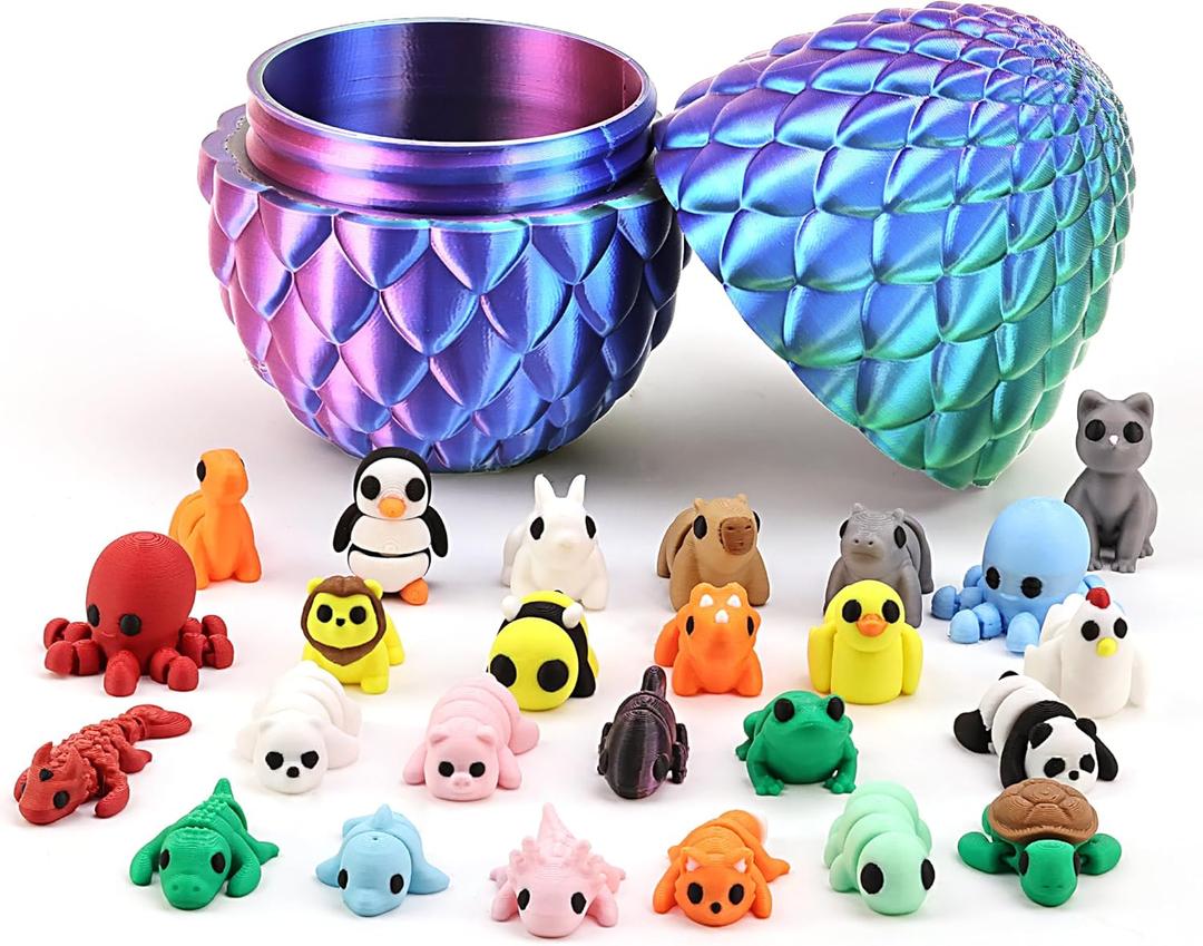 3D Printed Prefilled Dragon Egg Gift Set with 3D Printed Animals, Articulated Fidget Toys for Desk Display, Surprise Goodie Bag Stuffers for Boys and Girls, Easter Basket Stuffers