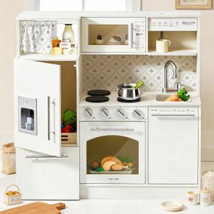 Tiny Land Play Kitchen for Kids, Upgraded Wooden Kitchen Toy with Complete Play Areas, Pretend Cooking Set with Sink, Stove, Microwave, Toy Coffee Station & Storage for Kids Ages 3+, 31.89 x 9.5 x 31.5 inches