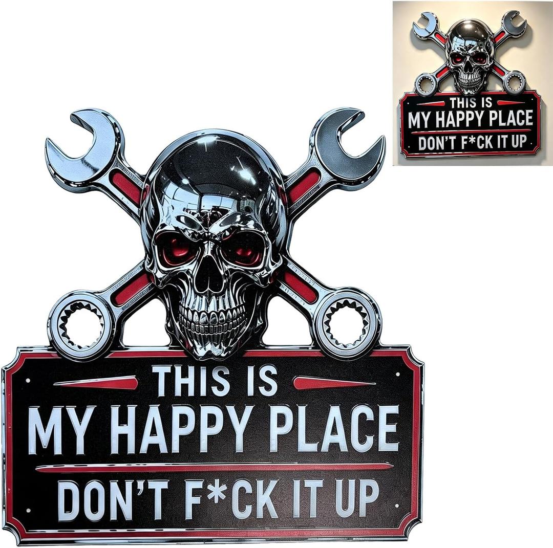 This Is My Happy Place Don't F*ck It Up Sign, Funny Skull & Crossed Wrenches Metal Wall Sign, Hanging Wall Decor for Man Cave, Mechanic Shop