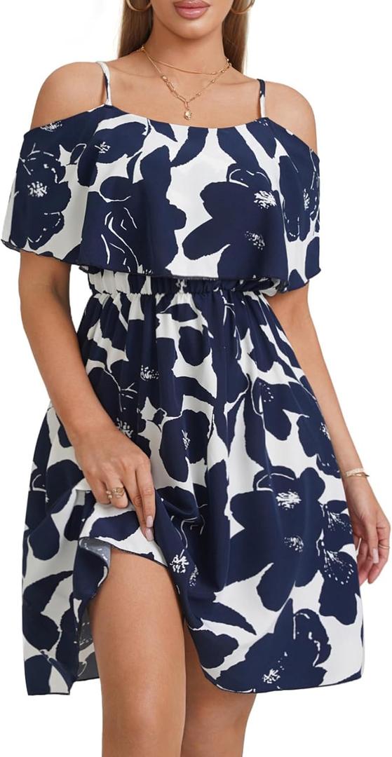 Off Shoulder Ruffle Dress for Women, A-Line Mini Dress with Belt, Fitted Bust Summer Wedding Guest Dress (Blue, M)